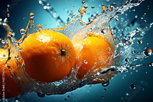 Fresh mandarins with water splash on blue background, Fresh fruit close up view. 