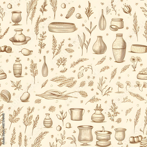 Vector seamless pattern with herbs and spices. Modern stylish texture. Repeating abstract background. photo