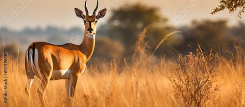 Impressive photo: solitary impala gazes left in open field.