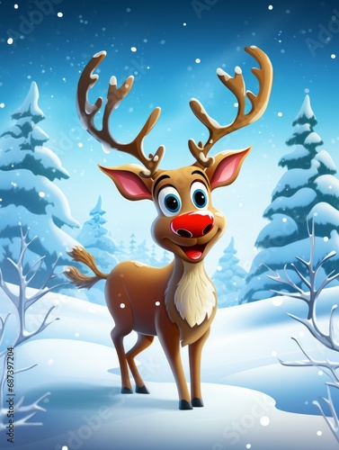 Festive Christmas Rudolph the red nosed reindeer in the snow. Generative AI © Creation    Art