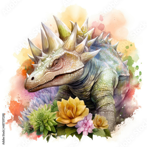 Stegosaurus and flower Illustration, Generative Ai