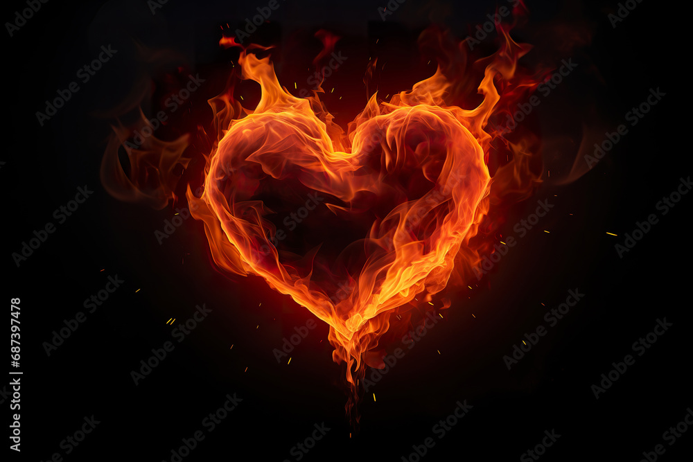 Blazing heart, love or passion concept. Isolated on black background