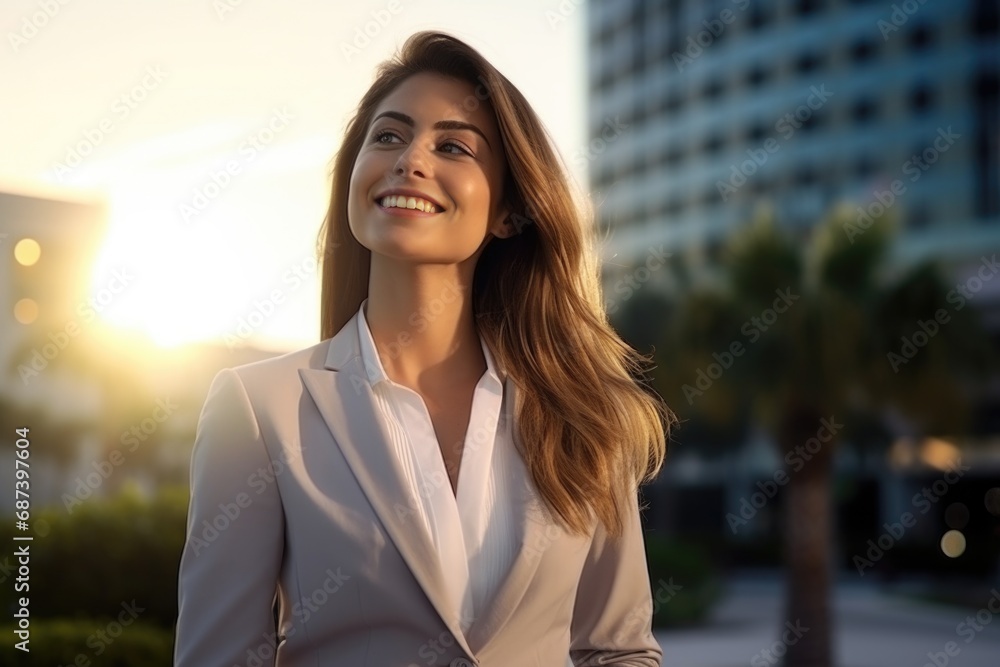 Happy wealthy rich successful businesswoman standing in big city modern skyscrapers street on sunset thinking of successful future vision, dreaming of new investment opportunities