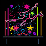 Neon cartoon illustration, colorful, a gymnast on a balance beam