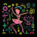 Neon cartoon illustration, colorful, a gymnast on a balance beam