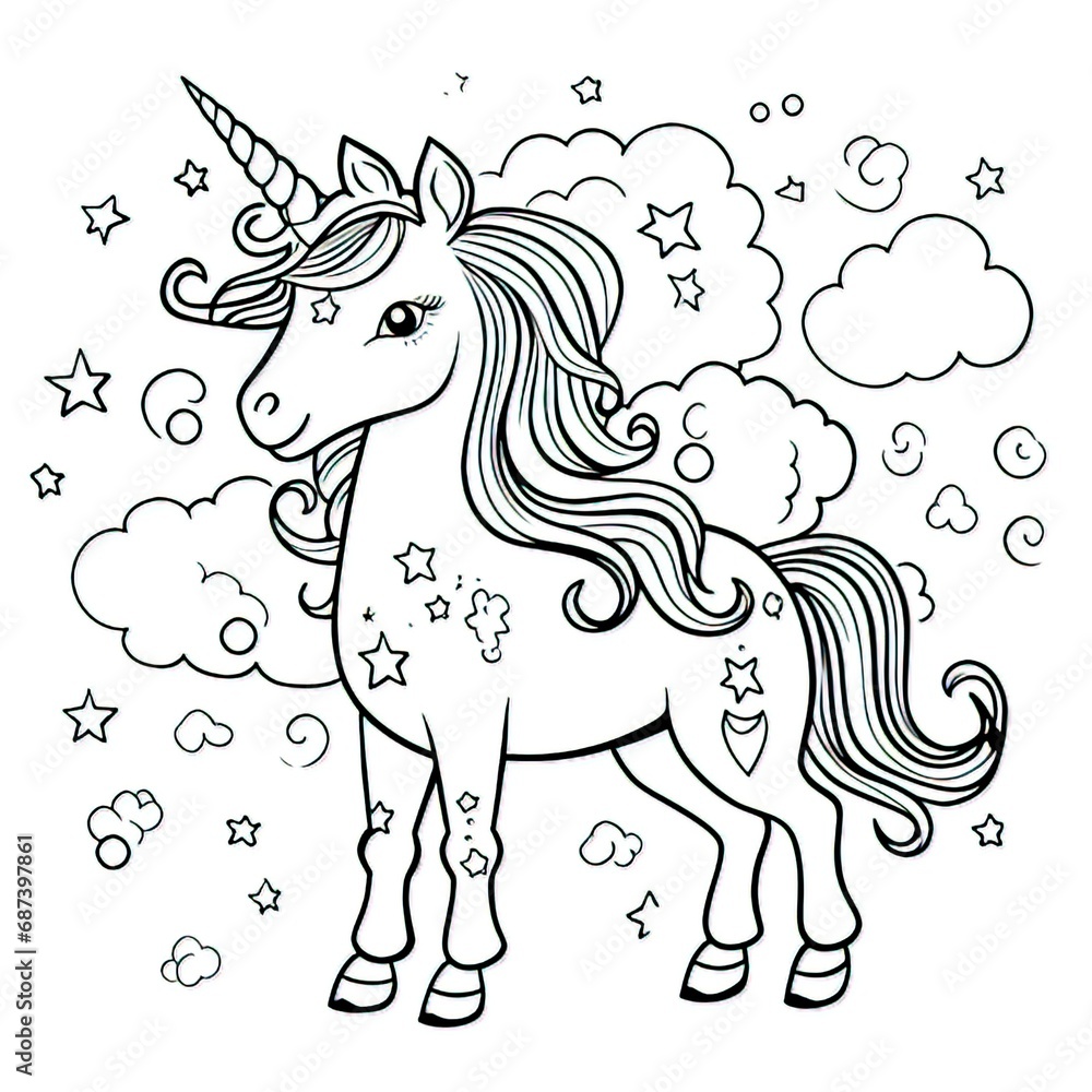 Fototapeta premium Pony ,Unicorn and rainbow coloring book page on a white background-generative ai