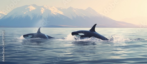 Killer whales swim in the Pacific Ocean with mountainous backdrop, Kamchatka. photo