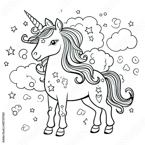 Pony ,Unicorn and rainbow coloring book page on a white background-generative ai