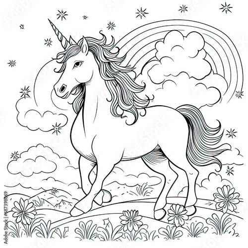 Pony  Unicorn and rainbow coloring book page on a white background-generative ai
