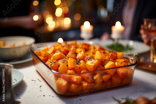 Baked sweet potato in baking dish on christmas table. Baked sweet potato with spices and herbs. photo