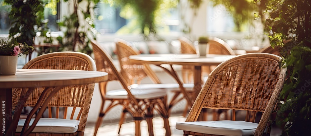 Fototapeta premium Summer cafe with sheltered tables, white tablecloths, and wicker chairs has a cozy interior.