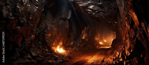 Lit underground passage in the mine.