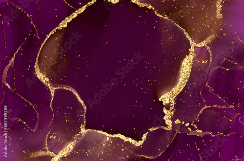 Luxury abstract fluid art painting in alcohol ink technique, mixture of red, yellow and gold paints. Imitation of marble stone cut, glowing golden circles. Tender and dreamy design.