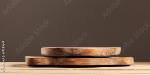 Background for products cosmetics, food or jewellery. Rustic wood pieces podium. Front view, Generative AI