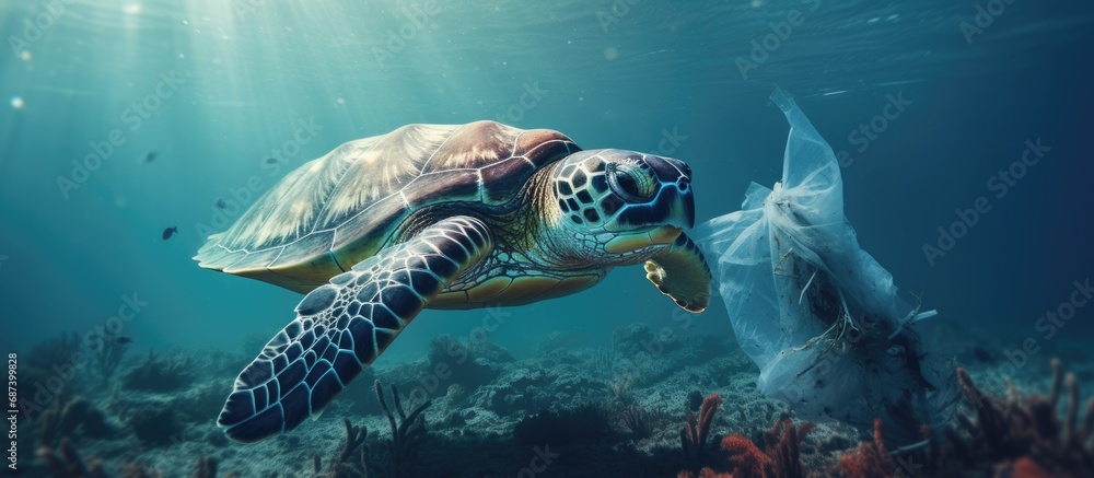 Sea turtles consuming plastic waste in the ocean results in environmental devastation.