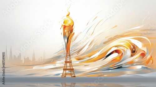 Paris Olympic Games 2024 Background Template Eiffel Tower Olympic Flame for Presentation Slides Watercolor Illustration with Copy Space photo