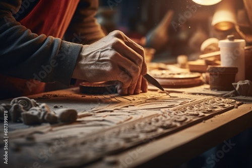 Artisan crafting intricate details on wooden panel. Traditional woodworking.