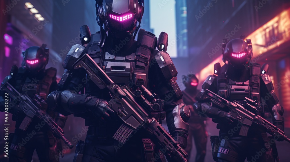 futuristic robotic swat team in sci-fi cityscape with glowing beams - obrazy, fototapety, plakaty 