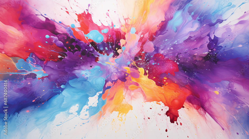 Abstract vibrant explosion of colors. A dynamic mix of pink, blue, purple, orange, and yellow hues splashing across the canvas with speckles and drips. AI Generative
