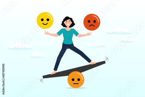 Mindful calm woman using her hand to balance smile and sad face, emotional intelligence, balance emotion control feeling between work stressed or sadness and happy lifestyle (Vector)