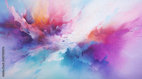 Abstract vibrant explosion of colors. Dynamic mix of pink, blue, purple, orange, and yellow hues splashing across the canvas with speckles and drips. AI Generative