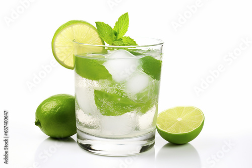 Close up photo of Mojito Cocktail glass with lemon and mint grass. isolated in white background.