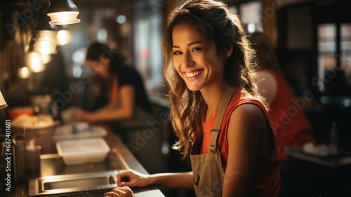 profile view of a hostess in a red apron cleaning a table customer's table as they smile to each other, beautiful smiles, she is Filipino half Korean and 23 years old, in a modern coffee house in Engl