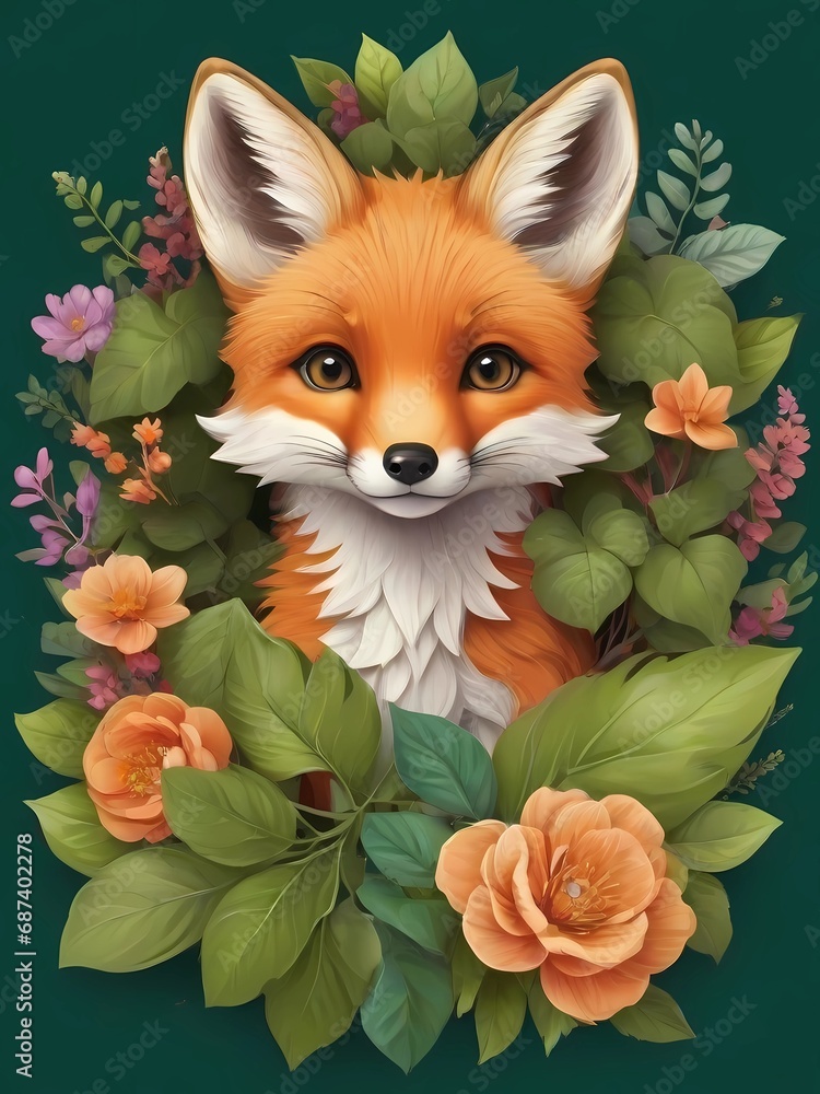 Fototapeta premium red fox with a bouquet of flowers