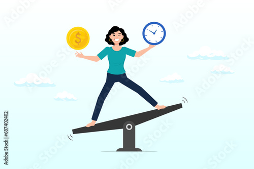 Cheerful business woman balance between time clock and dollar money on seesaw, time and money balance, weight between work and life, long term investment or savings, control or make decision (Vector)