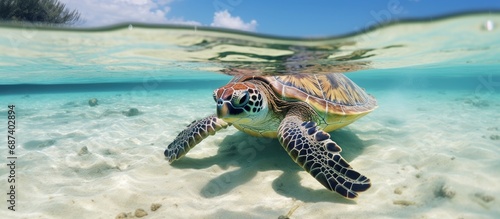 Okinawa's beach hosts a swimming sea turtle.
