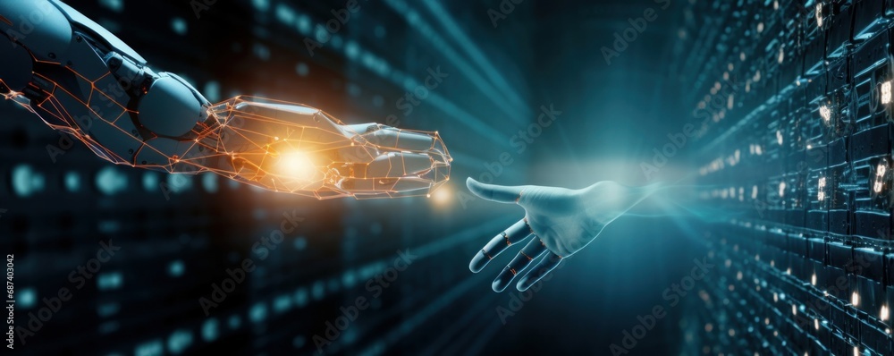 AI, Machine learning, Robot and human touching on big data network connection, Era transition, deep learning, Internet, Data exchange, innovation, Science and artificial intelligence, Generative AI