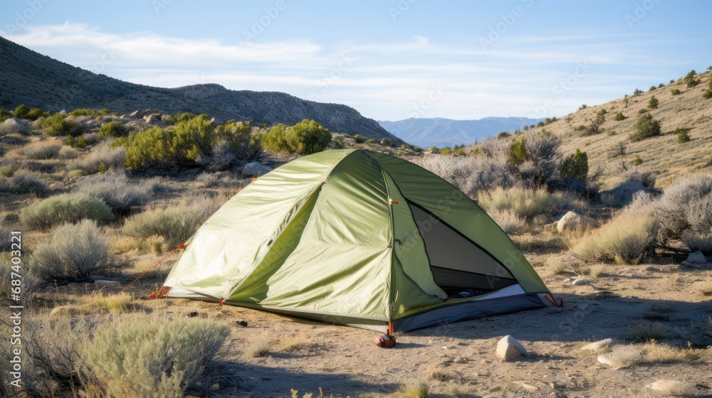 Mountain climber camping tent in the wild, light during the day.