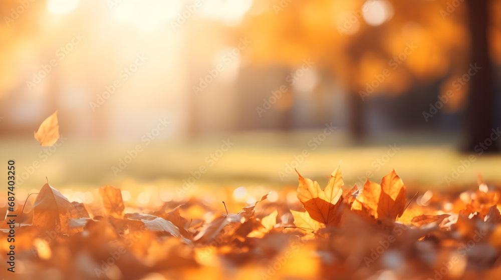 Beautiful orange and golden autumn leaves against a blurry park in sunlight with beautiful bokeh.