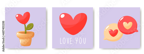 Square templates for Valentine's Day. Post on social networks. Greeting card, valentine. Text Love you, pink hearts, plant heart, thought cloud, notification with heart. Vector illustration