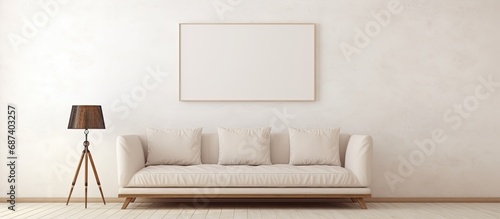 Beige sofa with art above  in an empty white room  with wooden tripod lamp by window.