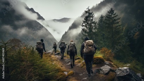 Mountain hikers carrying backpack carriers, climbing rocky mountain peaks. photo