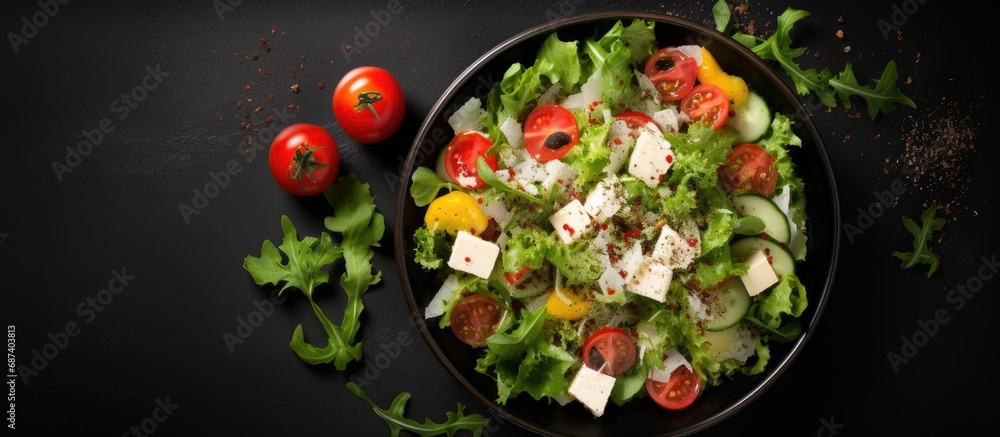 Vegetable salad with parmesan and dressing in a black bowl, top view Vegetable salad with parmesan and dressing in a black bowl, top view
