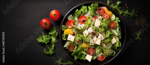 Vegetable salad with parmesan and dressing in a black bowl, top view