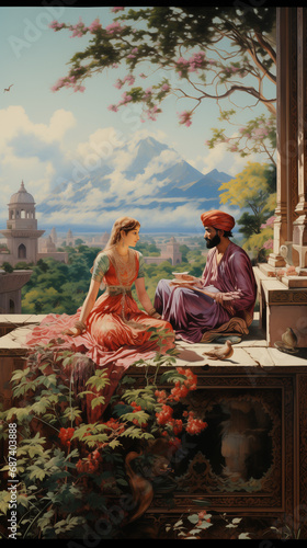 King and queen on the terrace of a palace, miniature style,  mughal architecture, ai generted photo