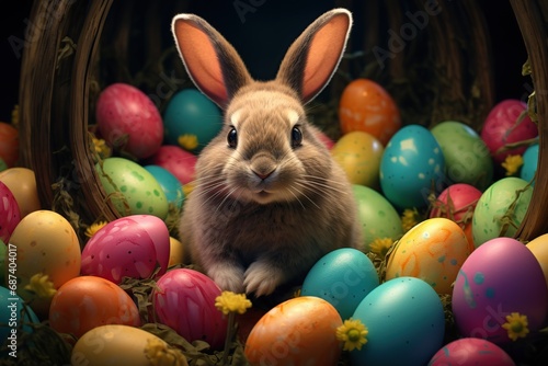 An easter bunny is surrounded by eggs, Generative AI