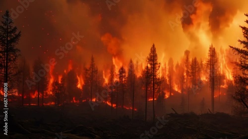 Aerial drone shot overlooking trees in orange flames forest fire destroying and causing air pollution on dark dry summer night. Burning wood at dark deep wild forest. Horrible nature wildfire disaster photo