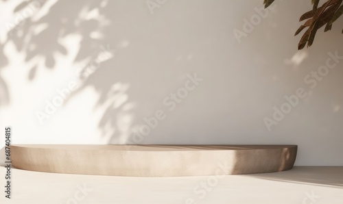 beige brown cement curve counter podium with texture, soft beautiful dappled sunlight, leaf shadow on white wall for luxury organic cosmetic, skincare, beauty treatment product background,GenerativeAI