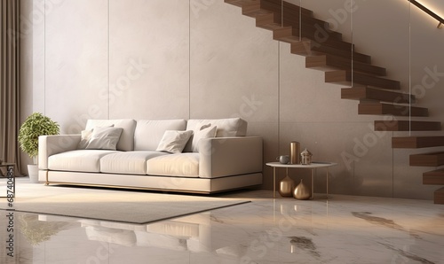 White marble floor tile in brown wall hall, luxury living room with beige corner sofa, side table, wooden stairway in sunlight from floor to ceiling sheer curtain for interior design, Generative AI