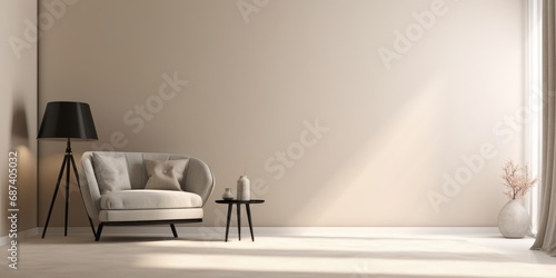 Large blank smooth beige wall, cushion armchair, round black coffee table on shag rug, tripod lamp in sunlight from window, carpet floor living room for luxury interior design, product, Generative AI photo