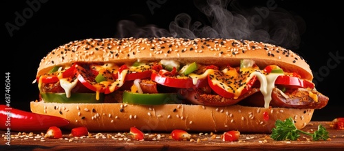 Hoagie sandwich with sausage, onions, peppers, and sesame seeds. photo