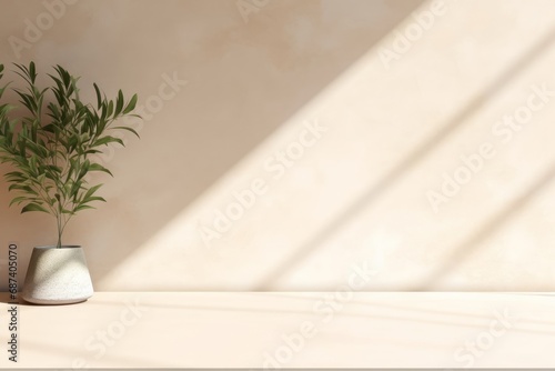 Minimal empty white marble stone counter table top, green tree in sunlight, leaf shadow on beige brown stucco cement wall for luxury organic cosmetic, Generative AI © Visual Horizon Art