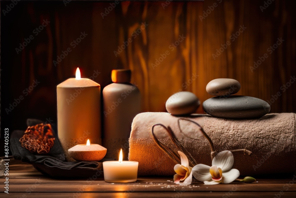 Cloths and candles for spa massage and body care Decorated with candles, spa stones Cloths and candles for spa massage and body care Decorated with candles, spa stones