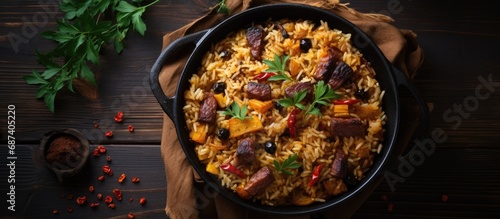 Rustic-style pilaf, top view, cooked in a pig-iron pan with selective focus.