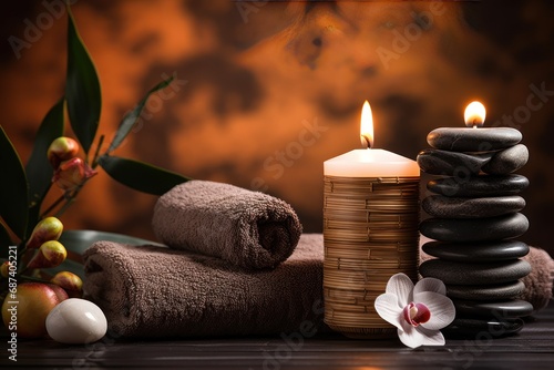 Cloths and candles for spa massage and body care Decorated with candles  spa stones