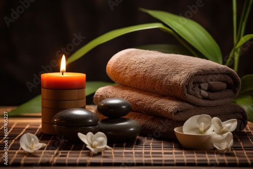 Cloths and candles for spa massage and body care Decorated with candles  spa stones